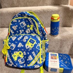 Cat & Jack Blue & Yellow Gamer Backpack Set with Bento Box and Water Bottle NWT!